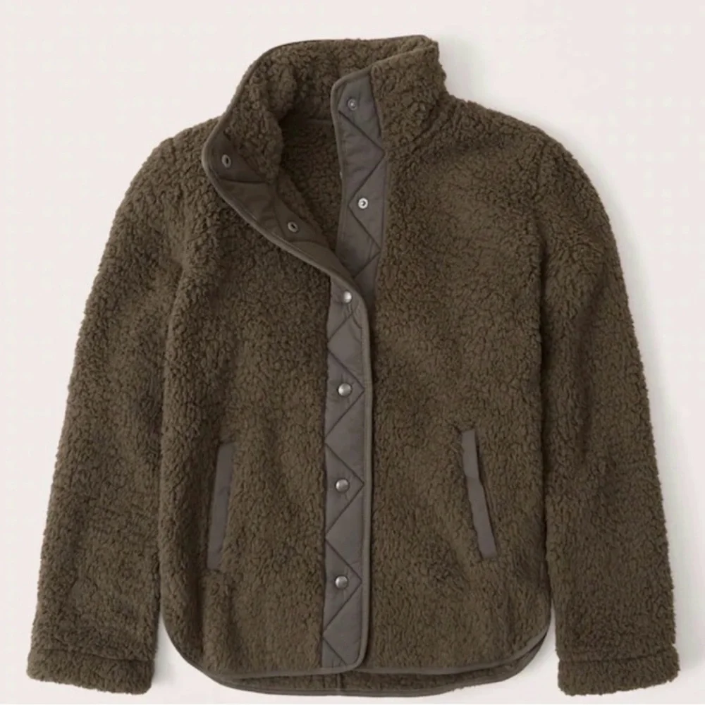 Abercrombie & Fitch Sherpa Nylon Snap Up Jacket, Size Small, Teddy coat, Green - Picture 1 of 15